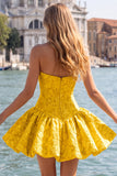 Abito di Homecoming senza spalline in Corsetto Floreale Jacquard blu A-Line