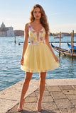 Abito di Homecoming a paillettes floreali giallo a V, linea A