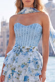 Corsetto A-Line Pink Sweetheart Abito di Homecoming a livelli floreale con perline e sciarpa al collo
