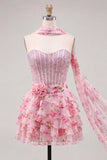 Corsetto A-Line Pink Sweetheart Abito di Homecoming a livelli floreale con perline e sciarpa al collo