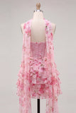 Corsetto A-Line Pink Sweetheart Abito di Homecoming a livelli floreale con perline e sciarpa al collo
