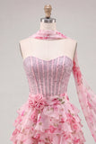 Corsetto A-Line Pink Sweetheart Abito di Homecoming a livelli floreale con perline e sciarpa al collo