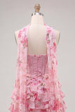 Corsetto A-Line Pink Sweetheart Abito di Homecoming a livelli floreale con perline e sciarpa al collo
