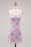 Bodycon Lilla Floreale Spalletta Vestito Corto di cocktail con perline