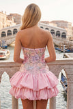 Abito di cocktail a linea a livelli rosa rosa senza spalline a A con paillettes
