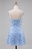 Vestito di cocktail con spalline floreali a linea A azzurro chiaro con appliche