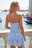 Vestito di cocktail con spalline floreali a linea A azzurro chiaro con appliche