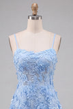 Vestito di cocktail con spalline floreali a linea A azzurro chiaro con appliche