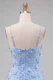 Vestito di cocktail con spalline floreali a linea A azzurro chiaro con appliche