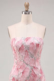 Abito corto di cocktail corto con paillettes rosa senza spalline
