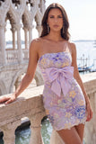 Abito di fine Bodycon rosa senza spalline floreali con fiocco