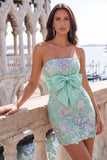 Abito di fine Bodycon rosa senza spalline floreali con fiocco