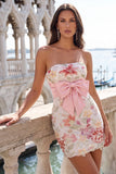 Abito di fine Bodycon rosa senza spalline floreali con fiocco