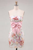 Abito di fine Bodycon rosa senza spalline floreali con fiocco