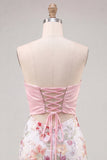 Abito di fine Bodycon rosa senza spalline floreali con fiocco