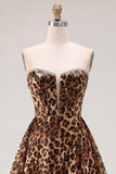 Abito corto di cocktail senza spalline in leopardo marrone con perline