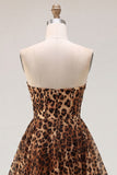 Abito corto di cocktail senza spalline in leopardo marrone con perline