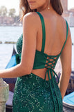 Vestito di fine fine verde scuro con paillettes bodycon lace up e fiocco