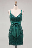 Vestito di fine fine verde scuro con paillettes bodycon lace up e fiocco