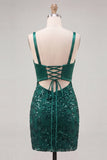 Vestito di fine fine verde scuro con paillettes bodycon lace up e fiocco