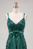 Vestito di fine fine verde scuro con paillettes bodycon lace up e fiocco