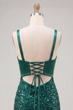 Vestito di fine fine verde scuro con paillettes bodycon lace up e fiocco
