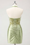 Abito di cocktail verde Army Hall Neck collo a capezza floreali e pieno di perline con scollo a cappelli