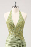 Abito di cocktail verde Army Hall Neck collo a capezza floreali e pieno di perline con scollo a cappelli