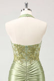 Abito di cocktail verde Army Hall Neck collo a capezza floreali e pieno di perline con scollo a cappelli