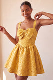 Abito del cerimonia del a casa con fiocco in Jacquard giallo A-Line Yellow Floral Lace Up