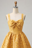 Abito del cerimonia del a casa con fiocco in Jacquard giallo A-Line Yellow Floral Lace Up