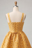 Abito del cerimonia del a casa con fiocco in Jacquard giallo A-Line Yellow Floral Lace Up