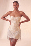 Corsetto Lake Blue Sweetheart Jacquard Lacce Back Abito del Ritorno a Casa con le Frangie