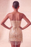 Corsetto Lake Blue Sweetheart Jacquard Lacce Back Abito del Ritorno a Casa con le Frangie