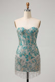 Corsetto Lake Blue Sweetheart Jacquard Lacce Back Abito del Ritorno a Casa con le Frangie