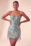 Corsetto Lake Blue Sweetheart Jacquard Lacce Back Abito del Ritorno a Casa con le Frangie