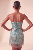 Corsetto Lake Blue Sweetheart Jacquard Lacce Back Abito del Ritorno a Casa con le Frangie