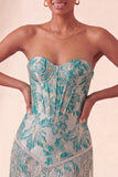 Corsetto Lake Blue Sweetheart Jacquard Lacce Back Abito del Ritorno a Casa con le Frangie