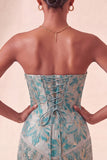 Corsetto Lake Blue Sweetheart Jacquard Lacce Back Abito del Ritorno a Casa con le Frangie