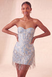 Corsetto Lake Blue Sweetheart Jacquard Lacce Back Abito del Ritorno a Casa con le Frangie