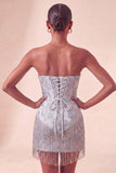 Corsetto Lake Blue Sweetheart Jacquard Lacce Back Abito del Ritorno a Casa con le Frangie