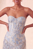 Corsetto Lake Blue Sweetheart Jacquard Lacce Back Abito del Ritorno a Casa con le Frangie