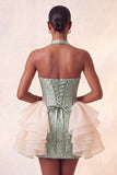 Abito bodycon rosa chiaro con collo a capezza floreale pizzo e schiena bodycon volant