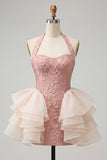 Abito bodycon rosa chiaro con collo a capezza floreale pizzo e schiena bodycon volant