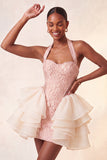 Abito bodycon rosa chiaro con collo a capezza floreale pizzo e schiena bodycon volant