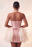 Abito bodycon rosa chiaro con collo a capezza floreale pizzo e schiena bodycon volant