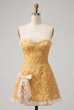 Sweetheart giallo jacquard a linea A con volant e vestito di ritorno a casa con fessura