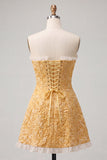 Sweetheart giallo jacquard a linea A con volant e vestito di ritorno a casa con fessura