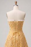 Sweetheart giallo jacquard a linea A con volant e vestito di ritorno a casa con fessura