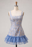 Corsetto blu collo quadrato pizzo e schiena abito bodycon Jacquard bodycon con volant